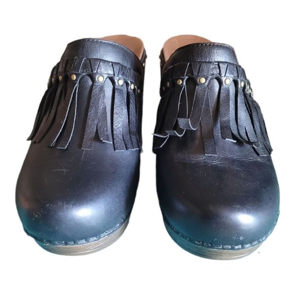 DANSKO ' DENI ' LEATHER MULES FRINGE STUDDED BLOCK HEEL CLOGS SHOES WOMENS 39 - Picture 2 of 9